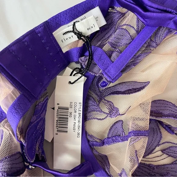 NWT Fleur Du Mal Purple Pansy Embroidery Plunge Silk Demi Bra 36G